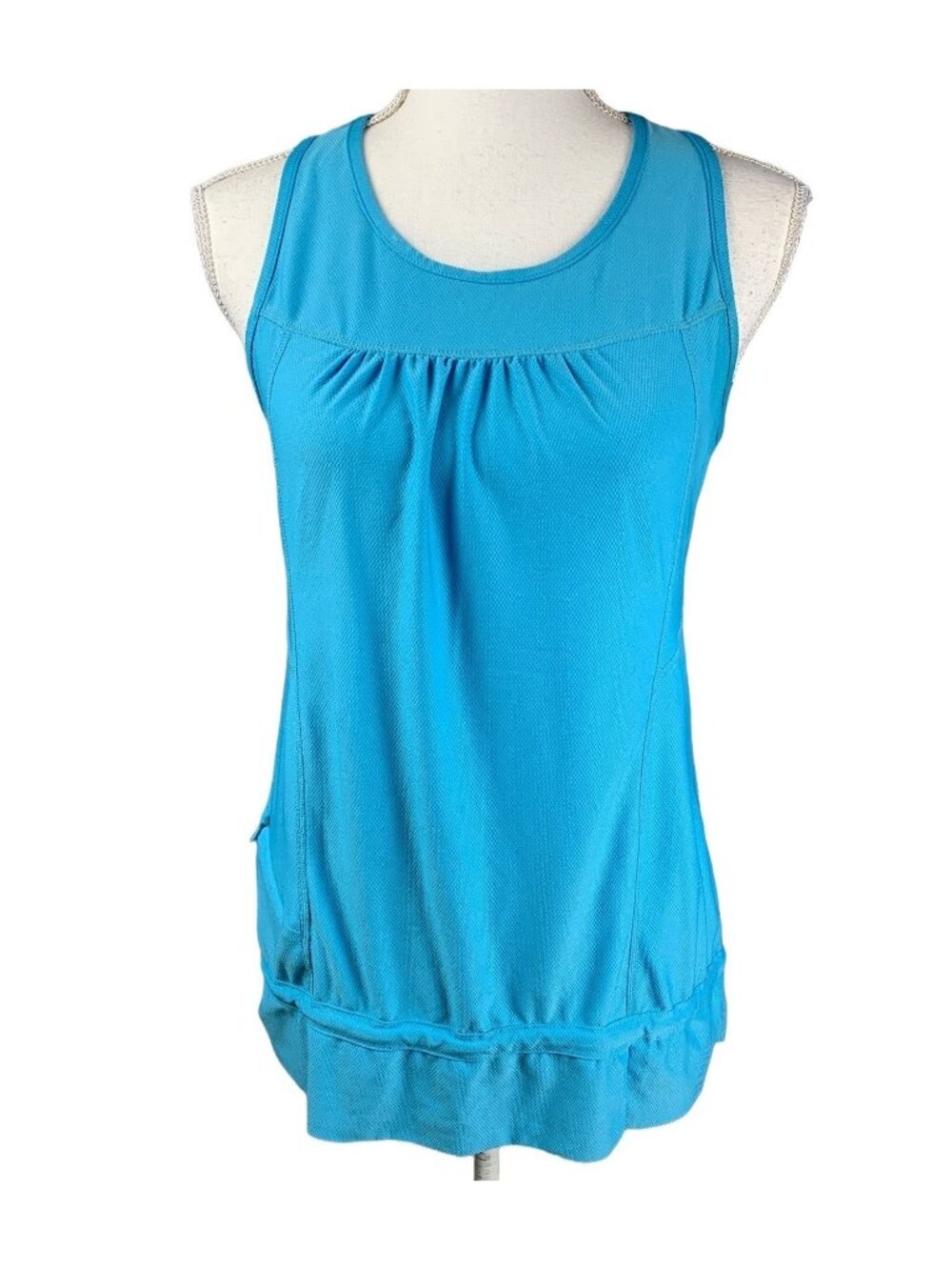 Athleta Womens Blue Racerback Tank Top With Ruched Hem & Side Zip Pocket